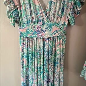 Lilly Pulitzer Jessi Midi Dress Craysea Sea Shell Print V-Neck Size Large